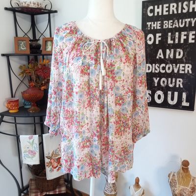 Chaps XL Petite Women&#39;s Watercolor Lightweight Cotton 3/4 Sleeve Blouse