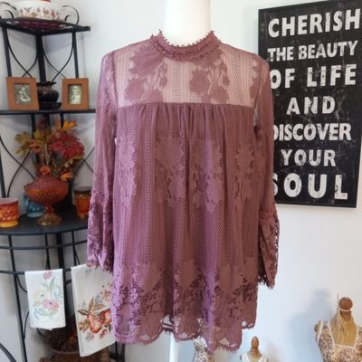 Miss Cheivous Large Women&#39;s Purple Boho Crochet Lace Layered 3/4 Sleeve Blouse