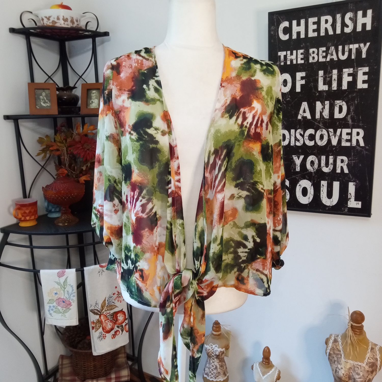 Live 4 Truth Small Women&#39;s Watercolor 3/4 Sleeve Open Front Tie Waist Sheer Blouse