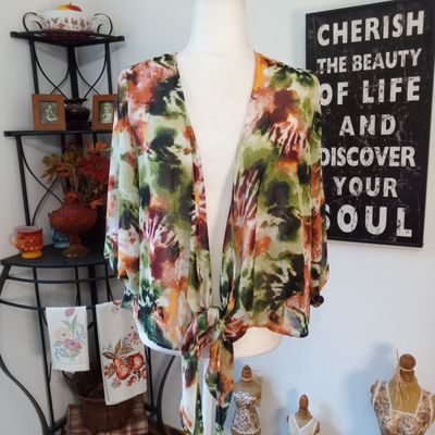 Live 4 Truth Small Women&#39;s Watercolor 3/4 Sleeve Open Front Tie Waist Sheer Blouse