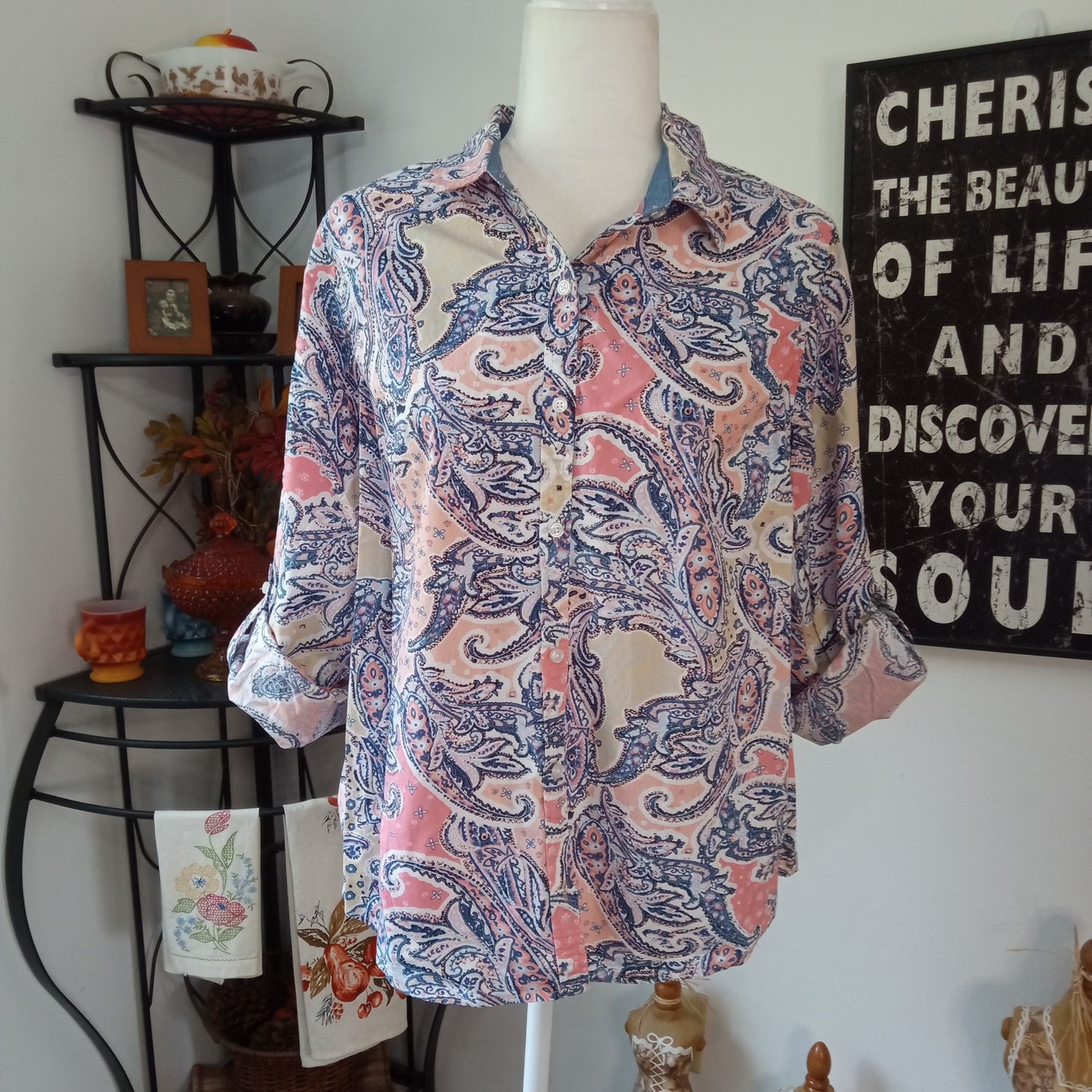 Charter Club 14 Petite Women&#39;s Cotton Paisley Floral 3/4 Sleeve Button-Up Blouse