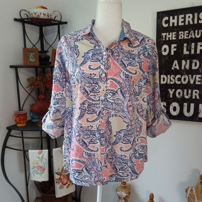 Charter Club 14 Petite Women&#39;s Cotton Paisley Floral 3/4 Sleeve Button-Up Blouse