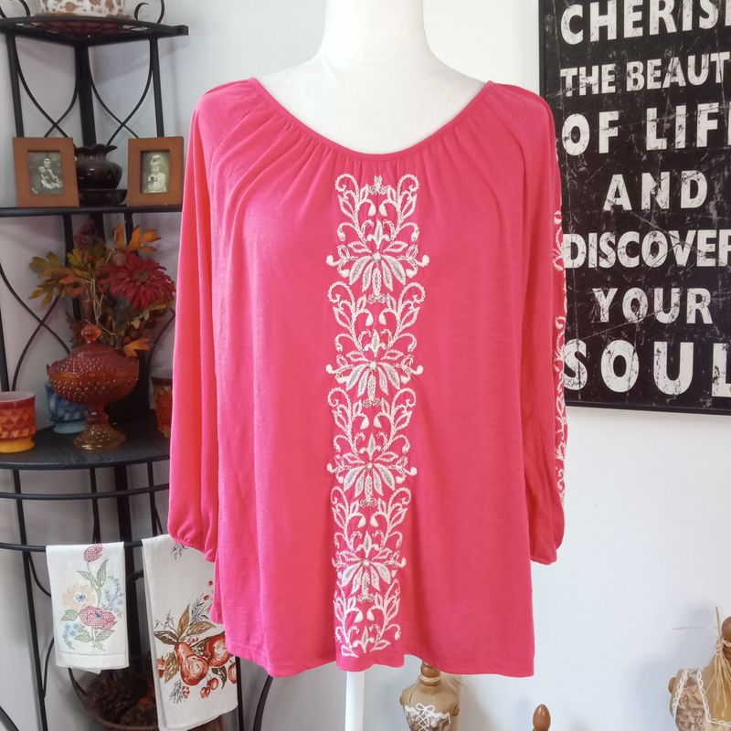 Apt. 9 XL Women&#39;s Pink Embroidered Beaded Floral 3/4 Sleeve Blouse