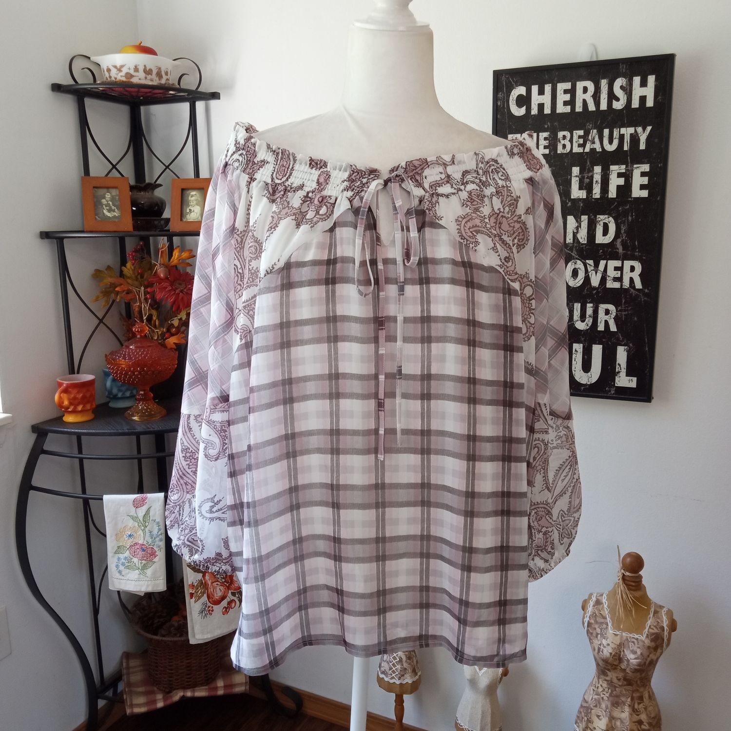 LOFT Large Women&#39;s Boho Floral Plaid Off-the-Shoulder Sheer Lined Blouse