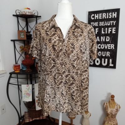 Dana Buchman XL Women&#39;s Brown &amp; Tan Button-Up Short Sleeve Shirt