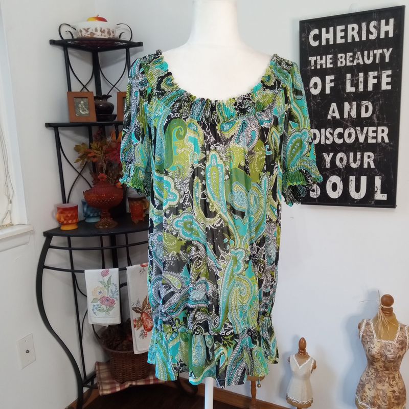 Apt. 9 XL Women&#39;s Boho Floral Paisley Sheer Nylon Short Sleeve Blouse