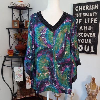 Dana Buchman Medium Women&#39;s Colorful Beaded V-Neck Kimono Sleeve Blouse