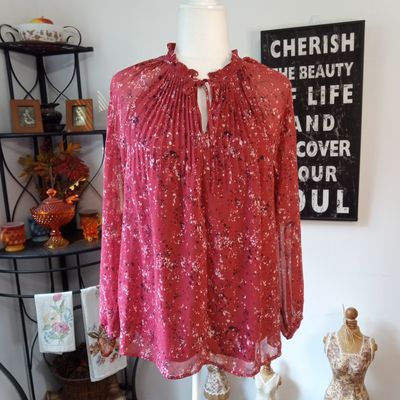 Simply Vera Medium Women&#39;s Boho Pink Speckled Long Sleeve Sheer Lined Blouse