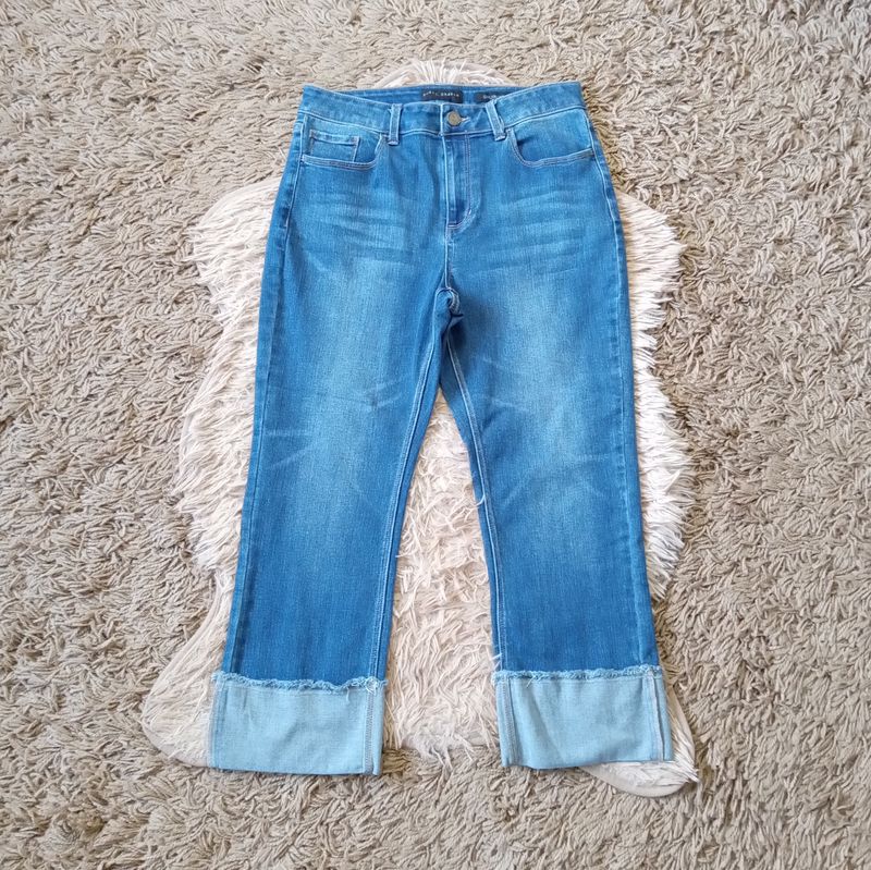 Susan Graver Sz 4 Petite Women&#39;s Stretch Denim Crop Girlfriend Jeans with Cuff