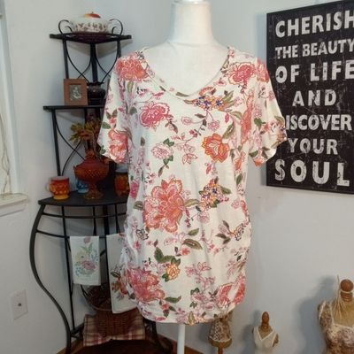 Lane Bryant 10/12 Medium Women&#39;s Cotton Floral V-Neck Tunic T-Shirt