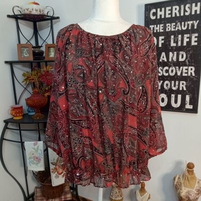 Cathy Daniels 2X Women&#39;s Burgundy Sequin Floral Paisley Plus Size Blouse