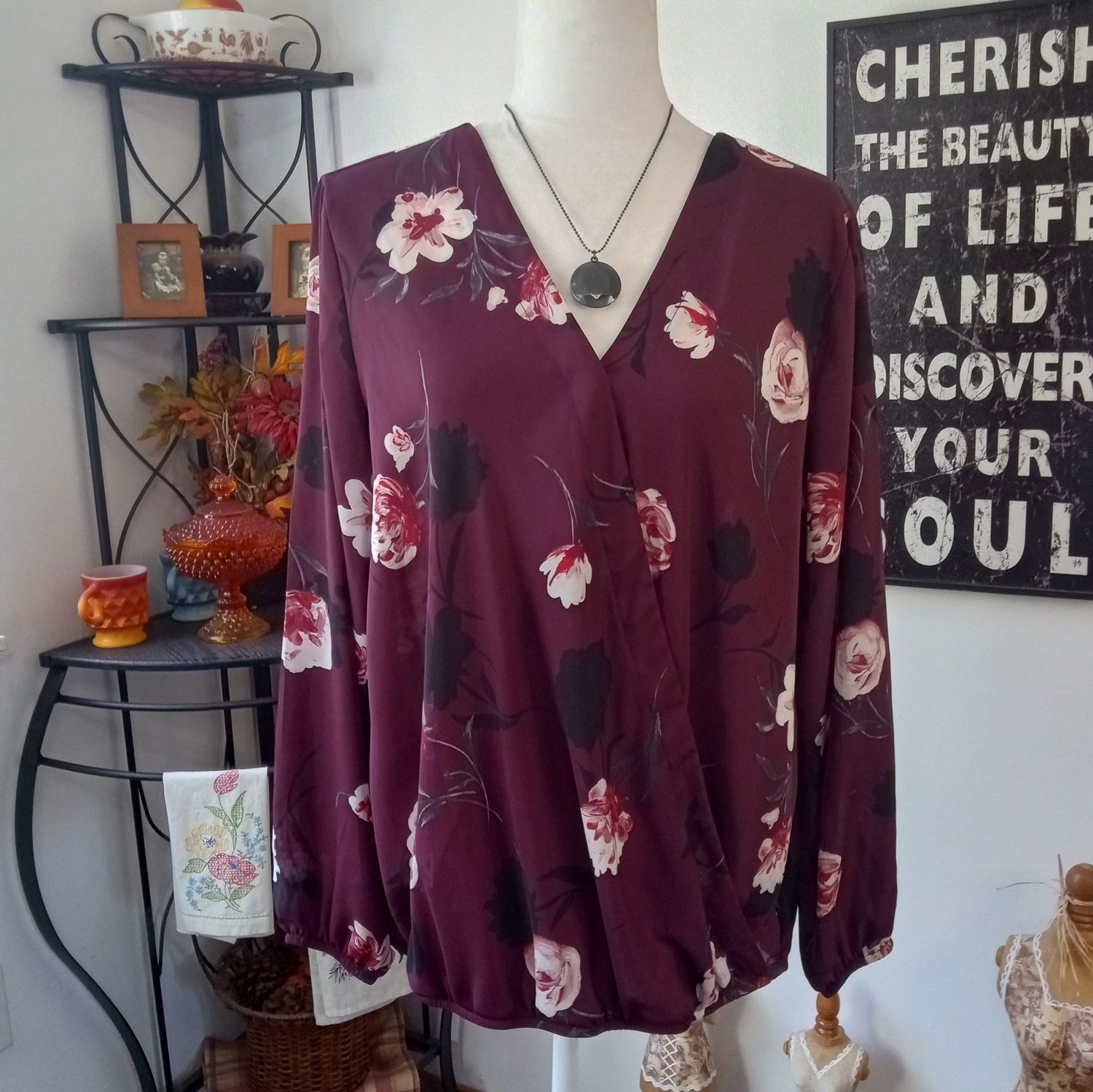 Apt. 9 Large Women&#39;s Purple Floral V-Neck Wrap Long Sleeve Lightweight Blouse