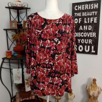 Sonoma XL Women&#39;s Black &amp; Red Floral Crewneck 3/4 Sleeve Stretchy Blouse