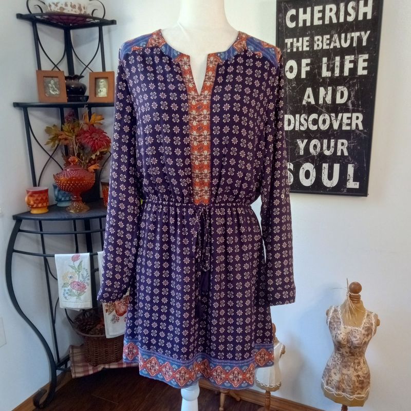 DR2 Large Women&#39;s Blue Boho Floral Long Sleeve A-Line Knee Length Dress