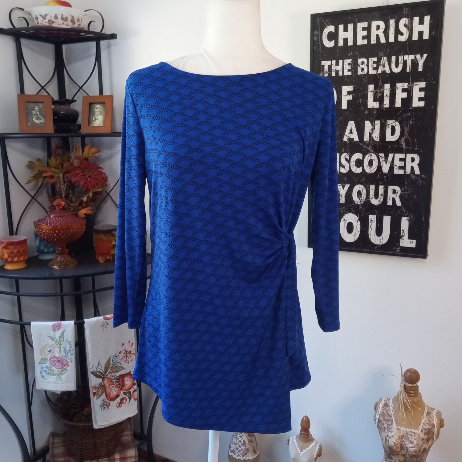 Liz Claiborne Small Women&#39;s Blue Side Tie Crewneck 3/4 Sleeve Stretchy Blouse