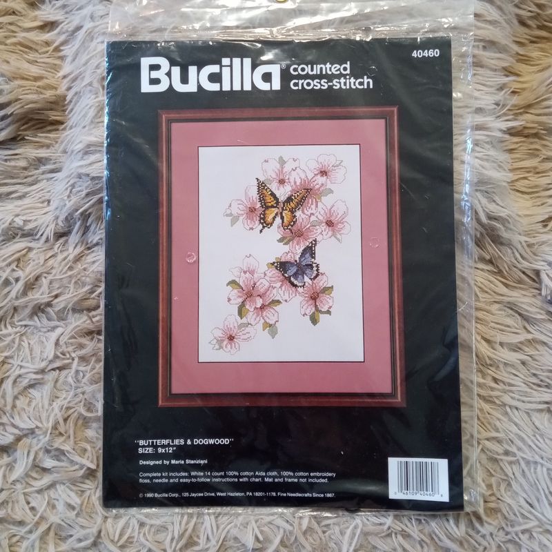 NEW VTG Bucilla Counted Cross Stitch Kit Butterflies &amp; Dogwood 9x12 SEALED