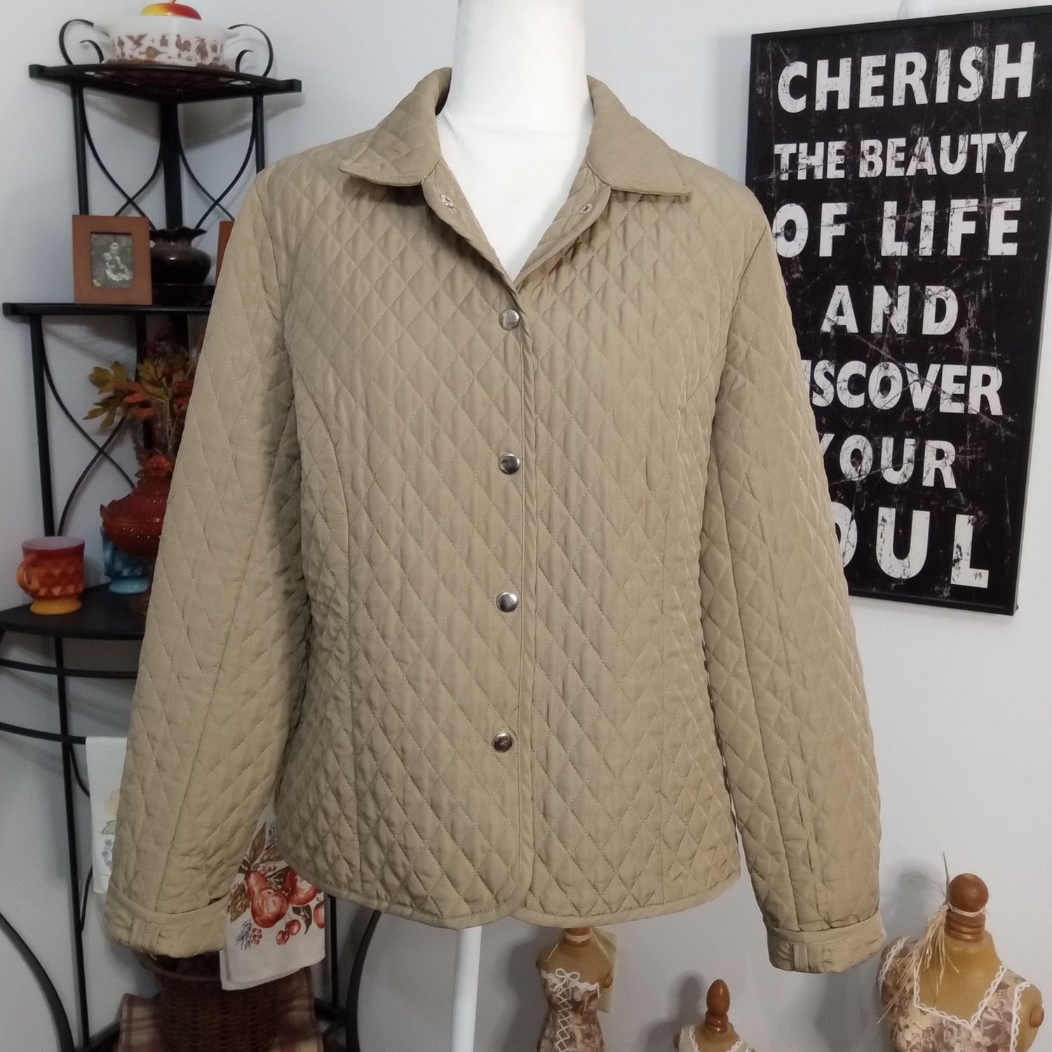 Briggs New York 14 Large Women&#39;s Tan Quilted Snap Up Collared Jacket Coat