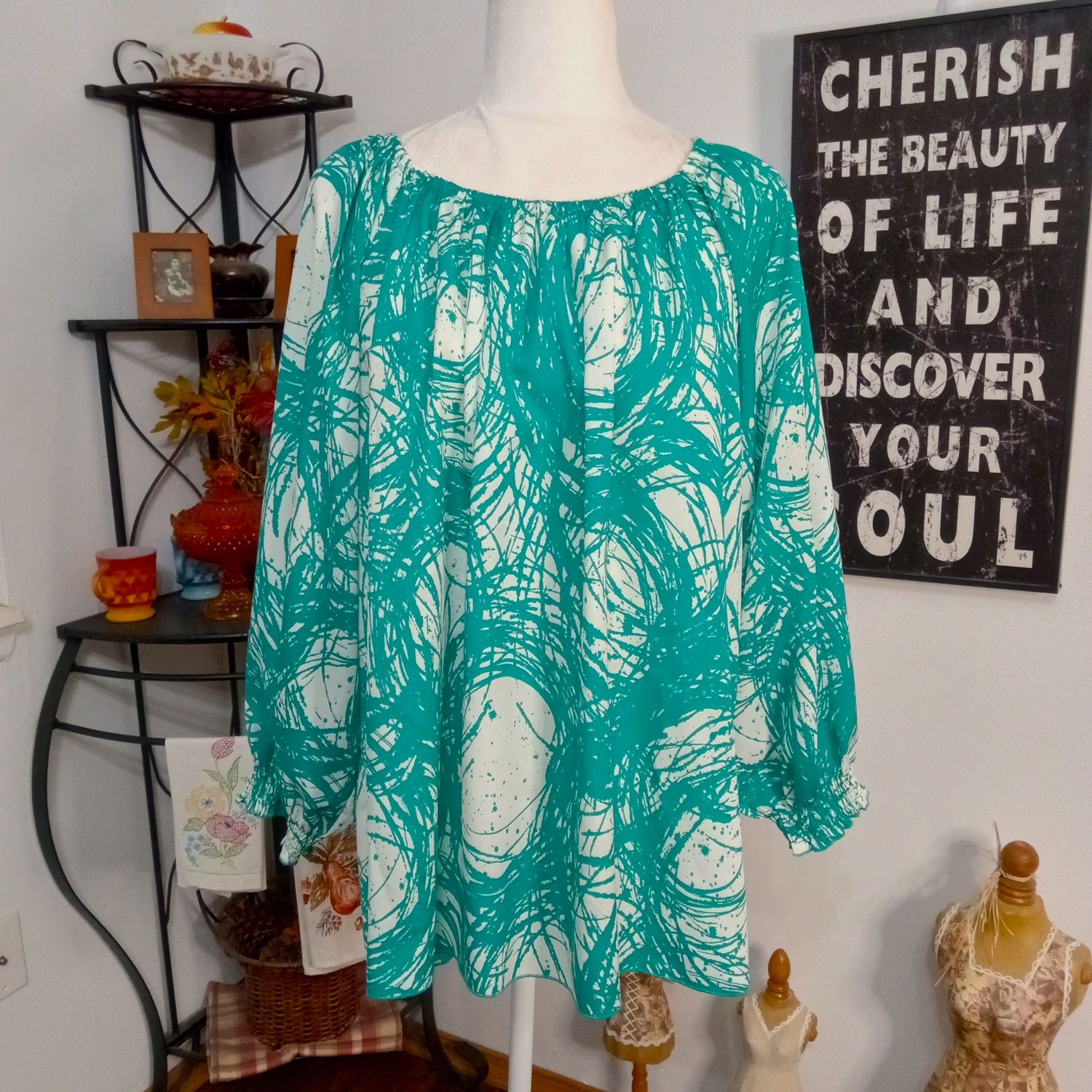 Susan Graver 2X Women&#39;s Green &amp; White 3/4 Sleeve Crewneck Plus Size Blouse