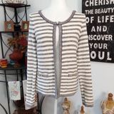 Banana Republic Medium Women&#39;s Metallic Striped White Blue Gold Cardigan Sweater