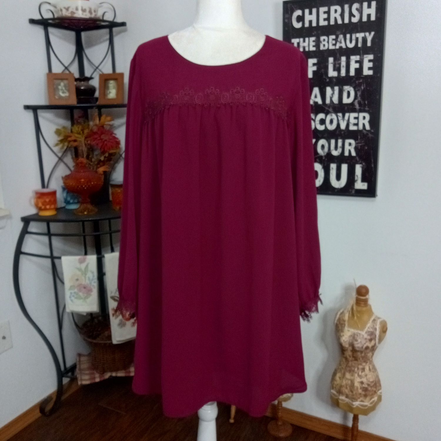 A New Day XL Women&#39;s Burgundy Lace Trim Long Sleeve Crewneck Dress