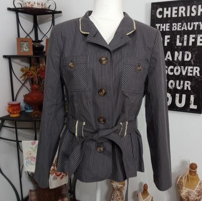 Apostrophe 16 P Women&#39;s Pinstripe Button-Up Vintage Inspired Military Blazer Jacket