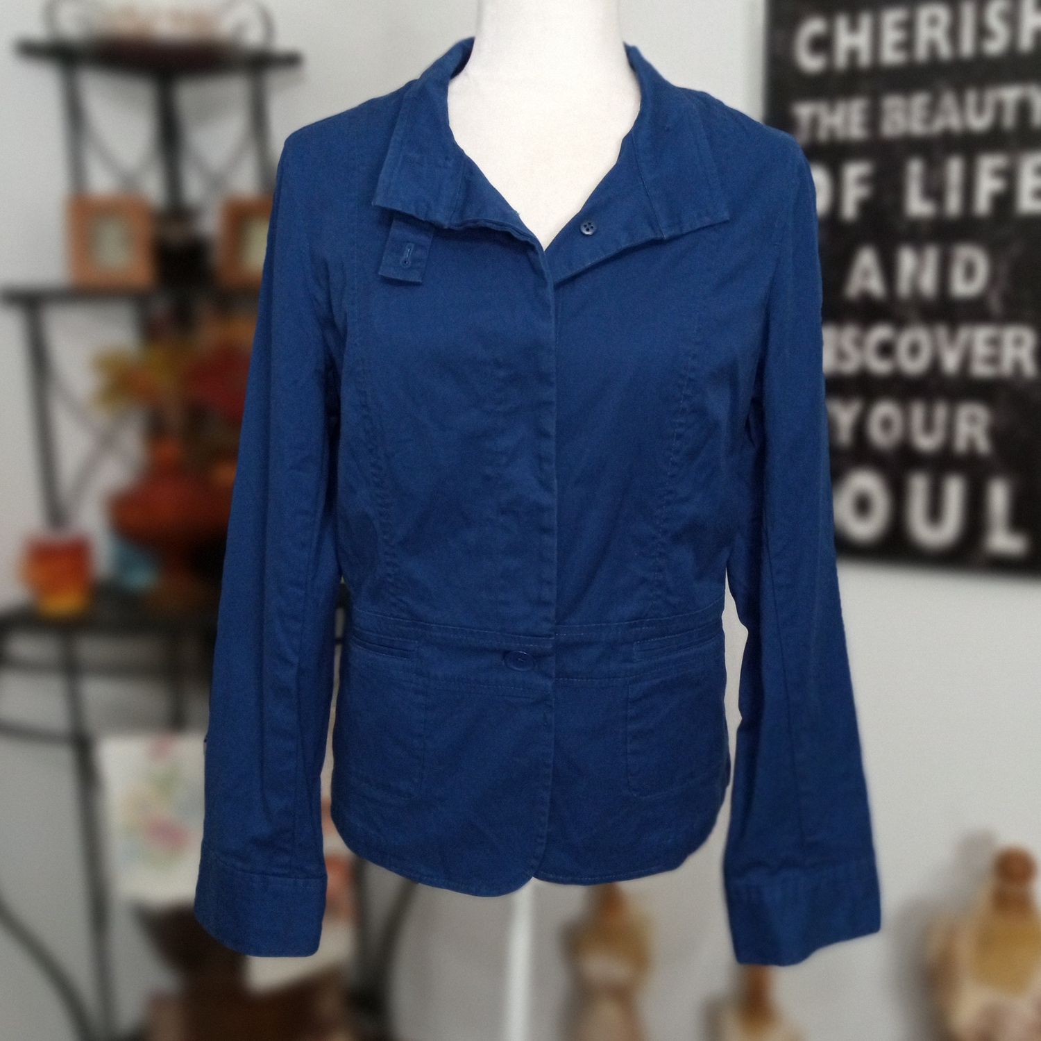 Talbots Sz 10 Medium Women&#39;s Blue Cotton Button -Up Blazer Jacket