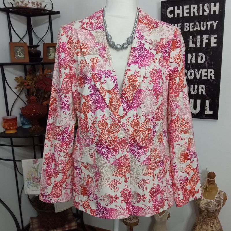Chadwicks Sz 14 Large Women&#39;s Pink &amp; White Button Closure Blazer Jacket