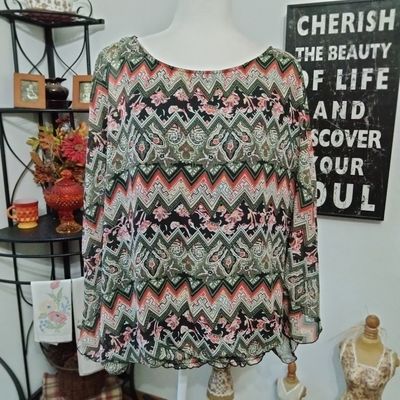 Aqua Blue 2X Women&#39;s Black Colorful Drape Sleeve Plus Size Blouse Shirt Top