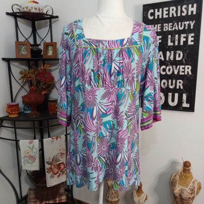 JM Collection Large Women&#39;s Blue Floral Hippy Square Neck Half Sleeve Tunic