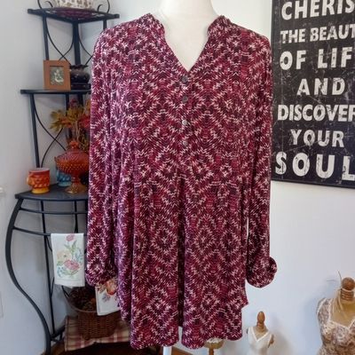 Dressbarn XL Women&#39;s Pink &amp; Black V-Neck Half Button Long Sleeve Stretchy Blouse