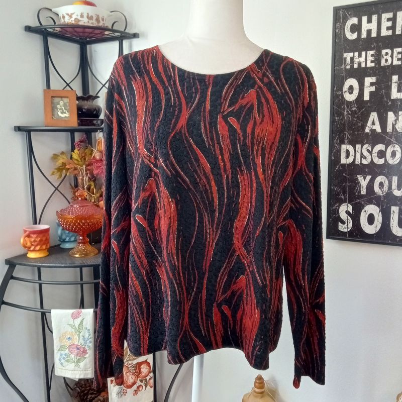 Laura Ashley XL Women&#39;s Black Red Gold Round Neck Stretchy Long Sleeve Blouse