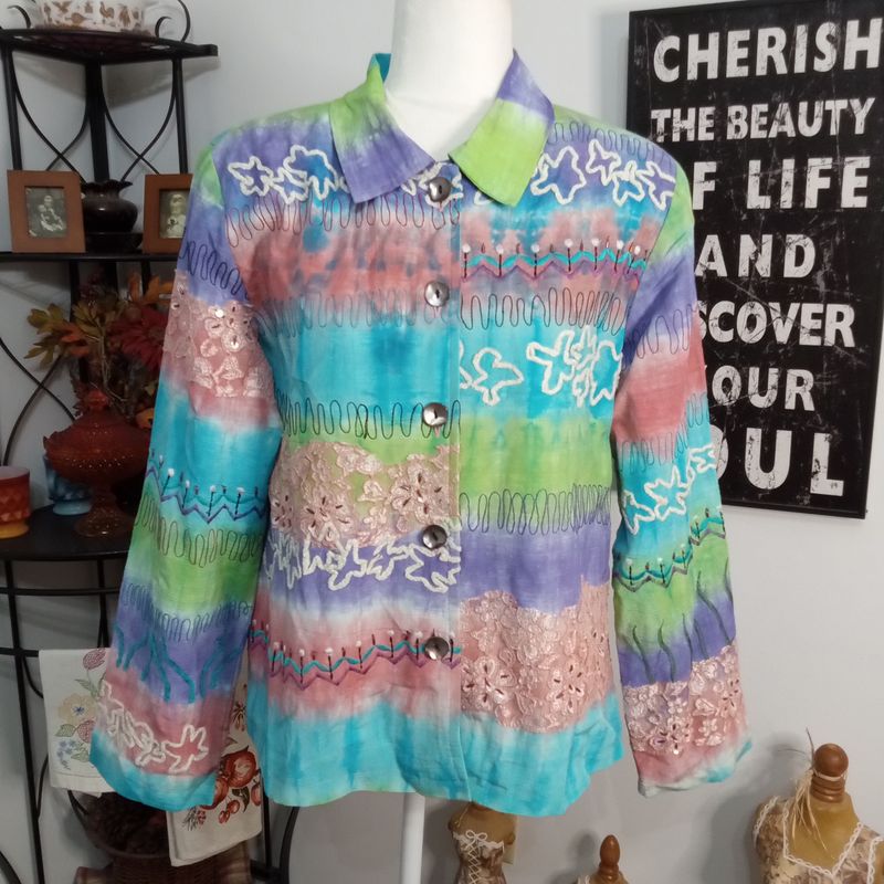 VTG New Julia Ken Large Women&#39;s Eclectic Embroidered Button-Up Shacket Jacket Blouse