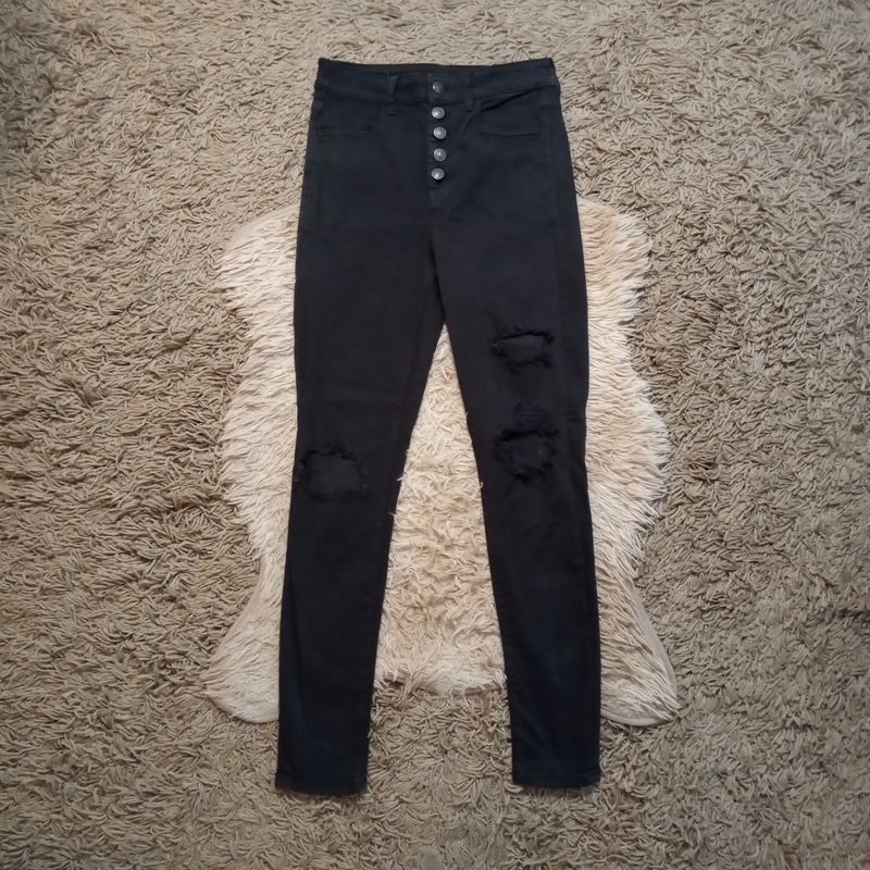 American Eagle 4 Women&#39;s Jrs Black Distressed Button-Fly Hi-Rise Jegging Jeans