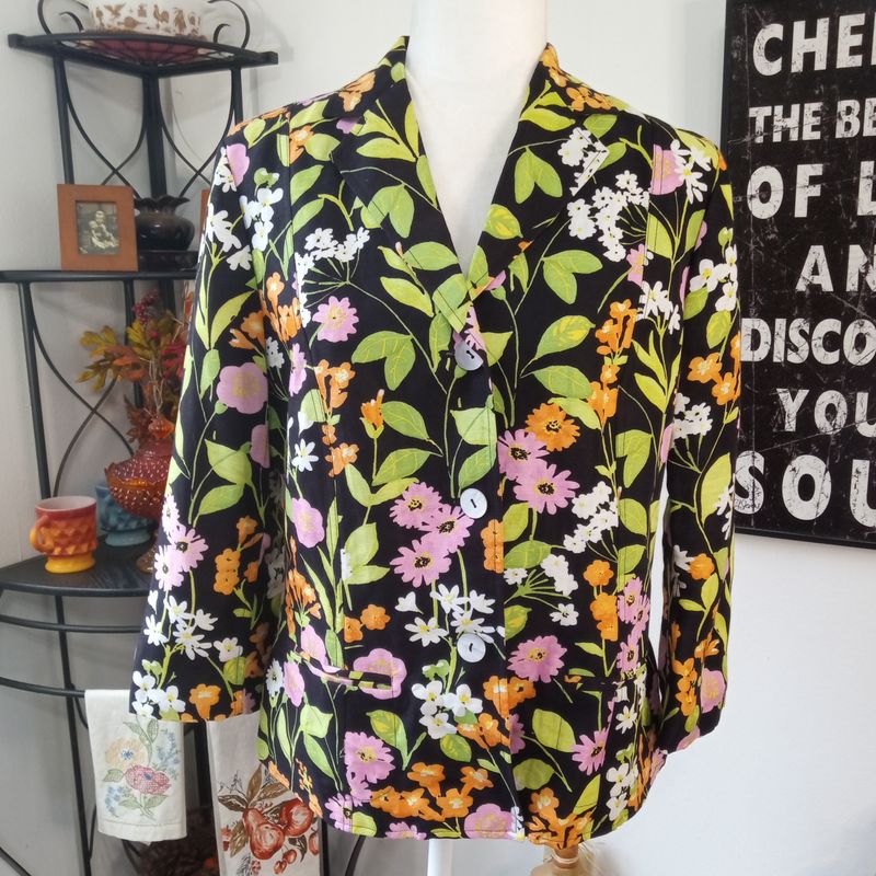 Sigrid Olsen Sz 8 Medium Women&#39;s Black Colorful Floral 3/4 Sleeve Blazer Jacket