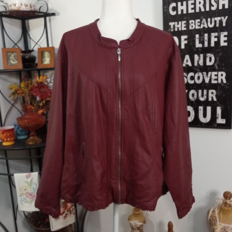 OSO Casuals 3X Women&#39;s Burgundy Faux Leather Ruffle Trim Jacket Coat