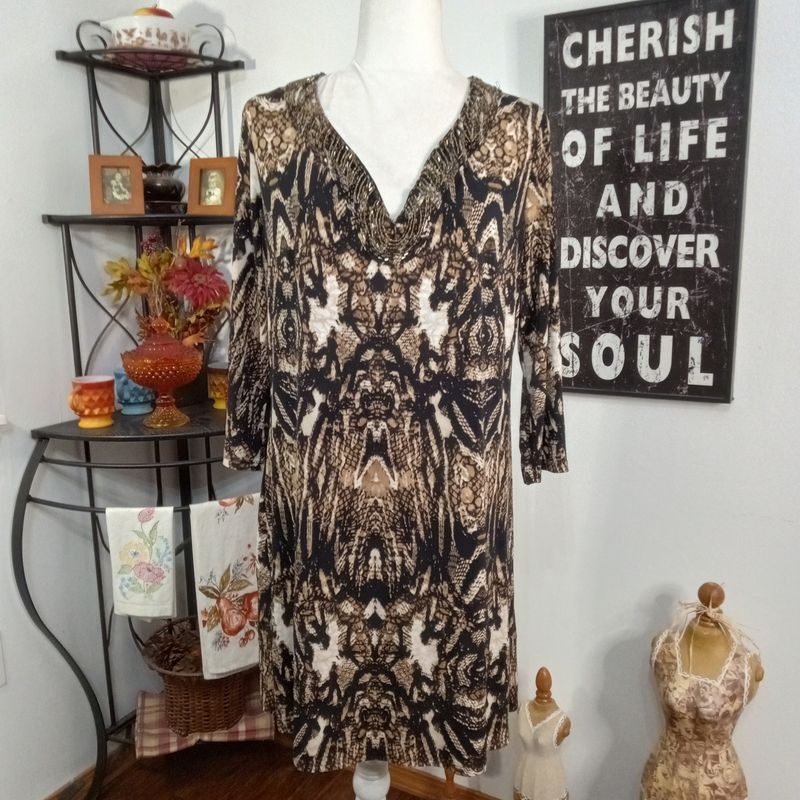 Worthington Large Women&#39;s Snakeskin Print Beaded Neckline Dress