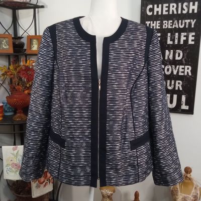 Jones New York 16W Women&#39;s Black &amp; Silver Striped Zip Up Blazer Jacket
