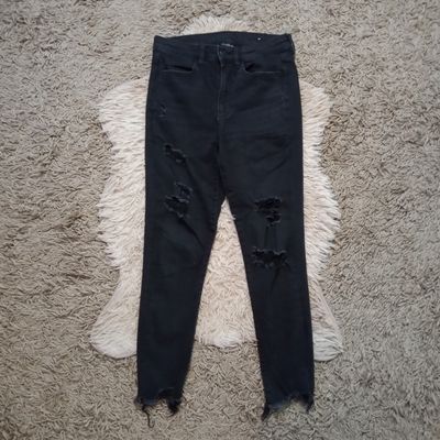 American Eagle Sz 6 Women&#39;s Black Distressed Super Hi-Rise Stretch Crop Jeggings