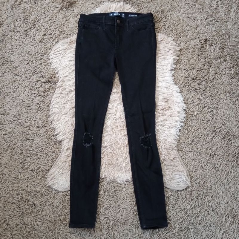 Hollister Sz 3 Women&#39;s Jrs Black Distressed Mid Rise Super Skinny Jegging Jeans