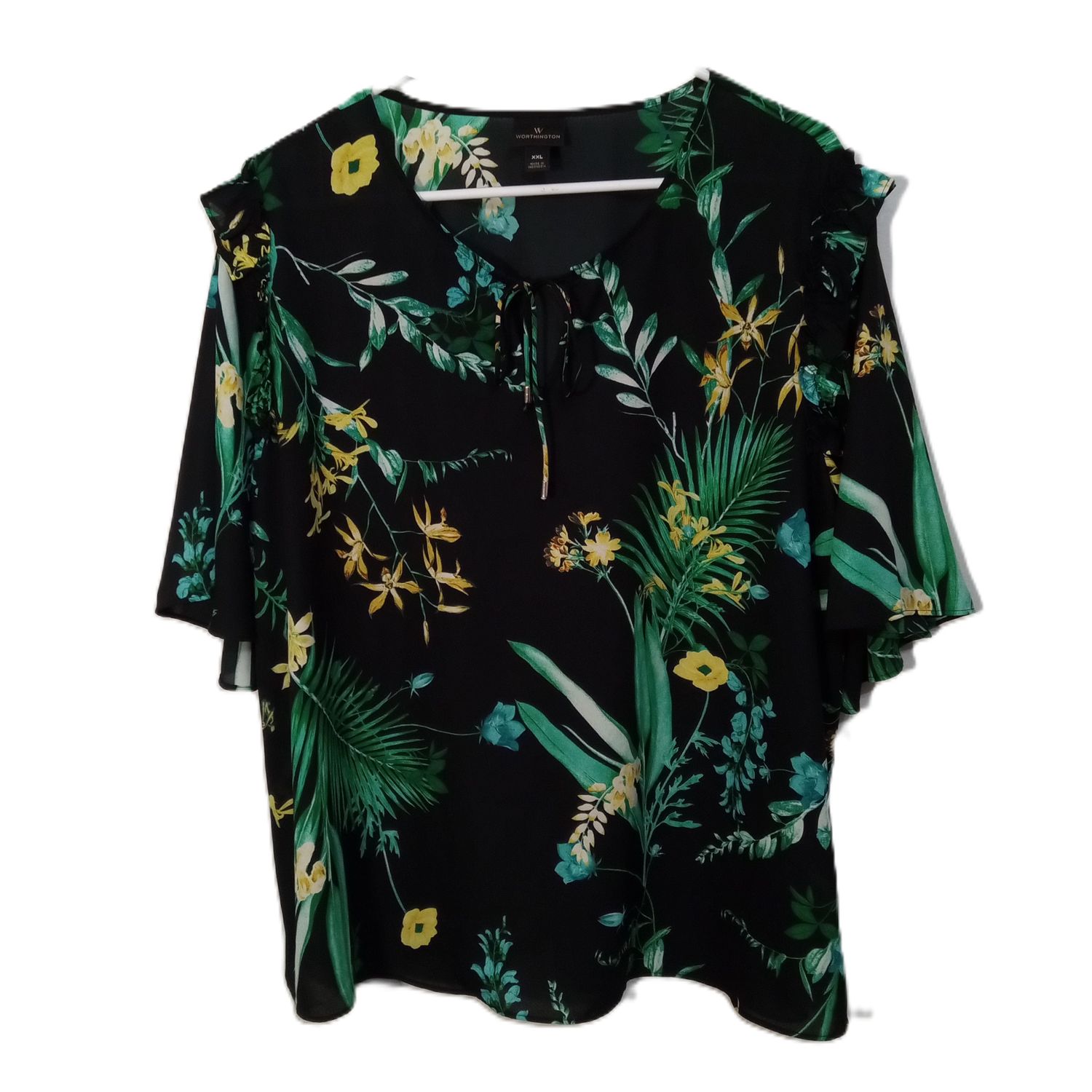 Worthington XXL Women&#39;s Black &amp; Green Floral Short Sleeve Plus Size Blouse