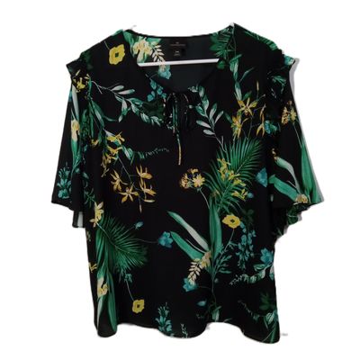 Worthington XXL Women&#39;s Black &amp; Green Floral Short Sleeve Plus Size Blouse