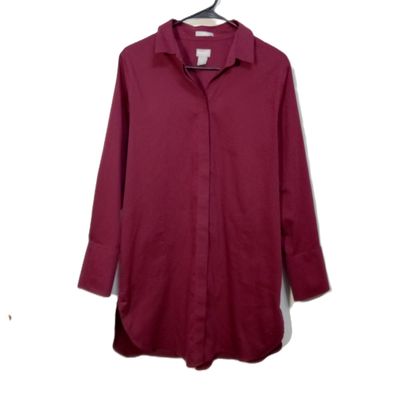 Chico&#39;s Medium Women&#39;s Burgundy Red Button Up No Iron Chic Stretch Tunic Shirt