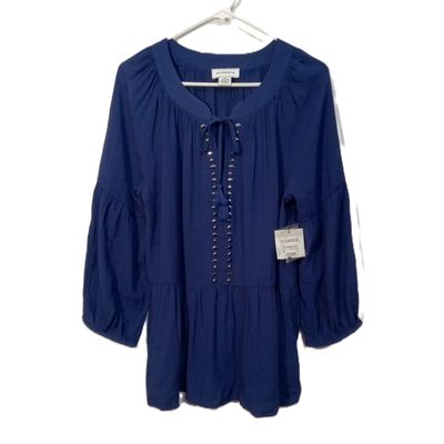 NEW! Liz Claiborne XL Women&#39;s Boho Navy Blue Studded Long Sleeve Blouse
