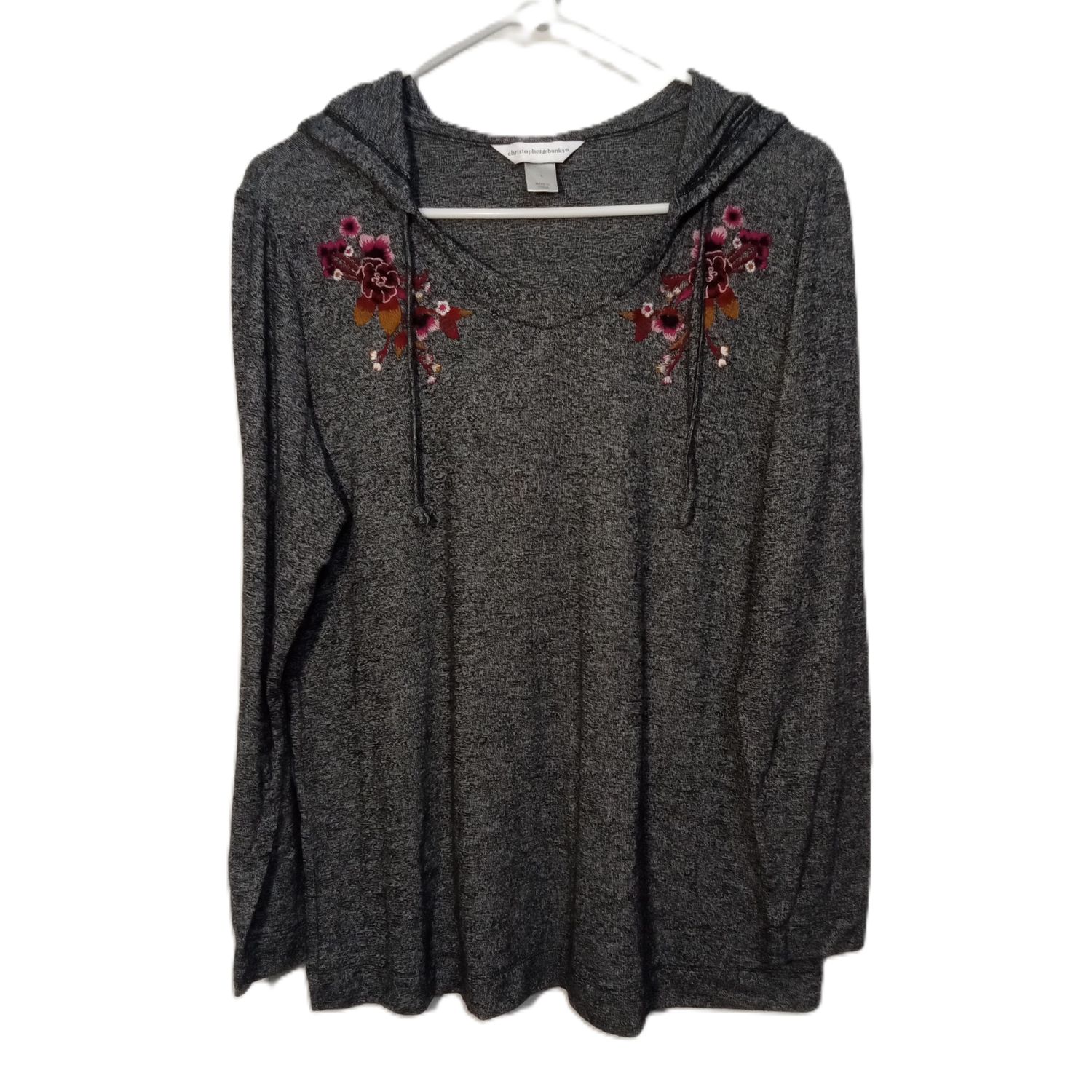 Christopher &amp; Banks Large Women&#39;s Grey Floral Embroidered Soft Knit Hooded Blouse