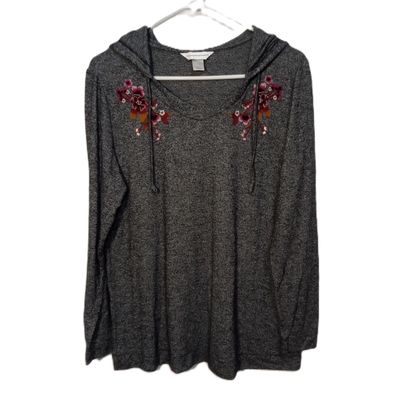 Christopher &amp; Banks Large Women&#39;s Grey Floral Embroidered Soft Knit Hooded Blouse