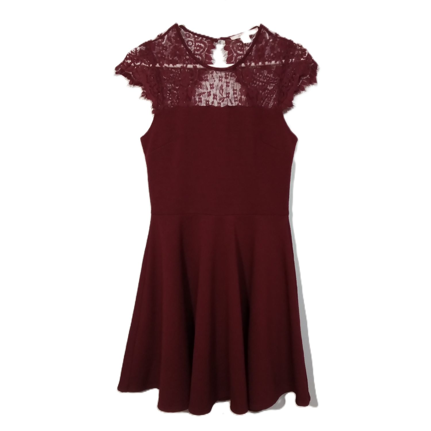 Miami Medium Women&#39;s Burgundy Lace Accent Cap Sleeve Fit &amp; Flare Dress