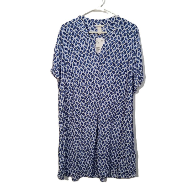 NEW! H&amp;M Sz 10 Medium Women&#39;s Blue &amp; White Leaf Print Tunic Shift Dress