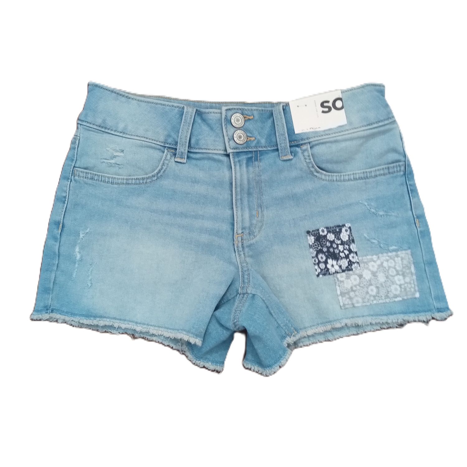 NEW! SO Sz 14 Girls Mid Rise Patchwork Light Wash Midi Stretch Jean Shorts