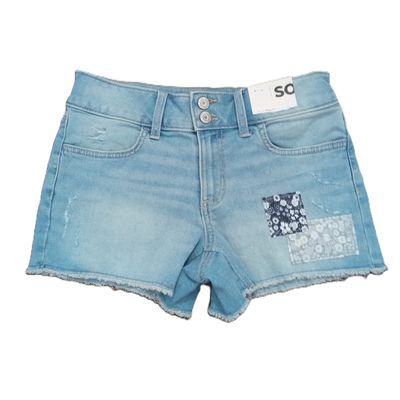 NEW! SO Sz 14 Girls Mid Rise Patchwork Light Wash Midi Stretch Jean Shorts