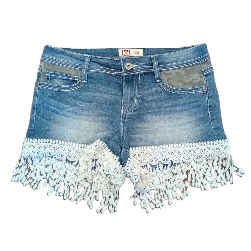 l.e.i. Sz 7 Women&#39;s Jrs. Ashley Low Rise Lace Fringe Stretch Jean Shorts